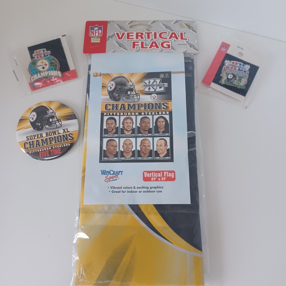 PITTSBURGH STEELERS Super Bowl XL Champions Fan Lot FLAG‎ 27 by 37 Pins New